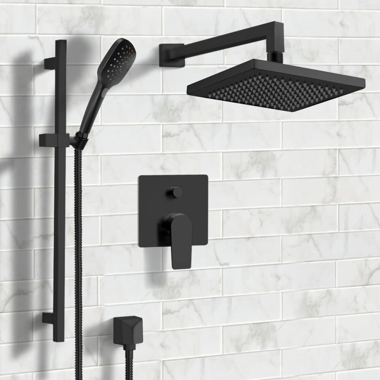 Remer SFR54 Matte Black Shower System with 8 Inch Rain Shower Head and Hand Shower